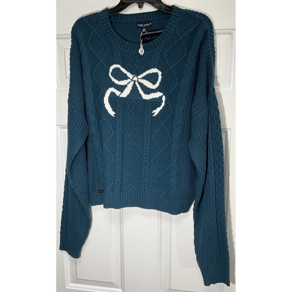 Simply Southern Teal/Blue Chunky Knit Sweater Bow/Ribbon Cotton Blend Womens XXL